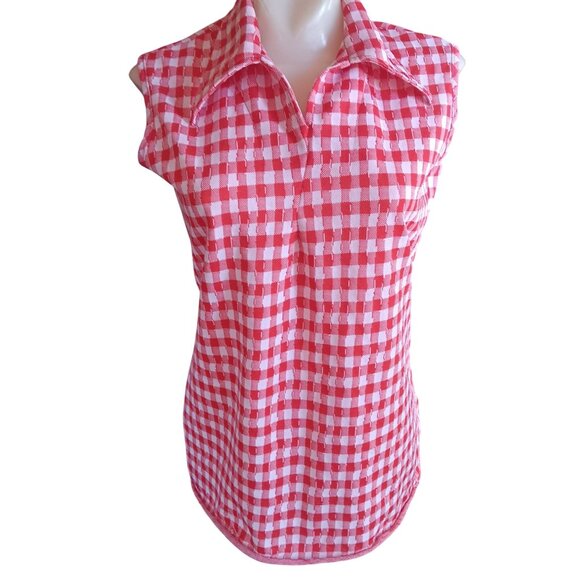 Vintage Women's Medium Top Granny Stretch Knit 1970's Checkered Sleeveless 1of1 - Picture 2 of 7